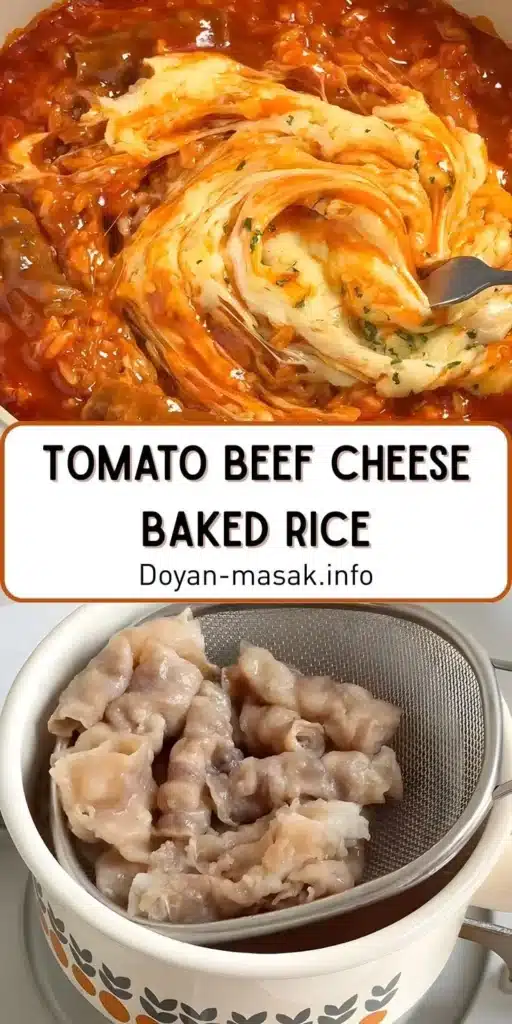 Delicious tomato beef cheese baked rice topped with melted cheese and herbs