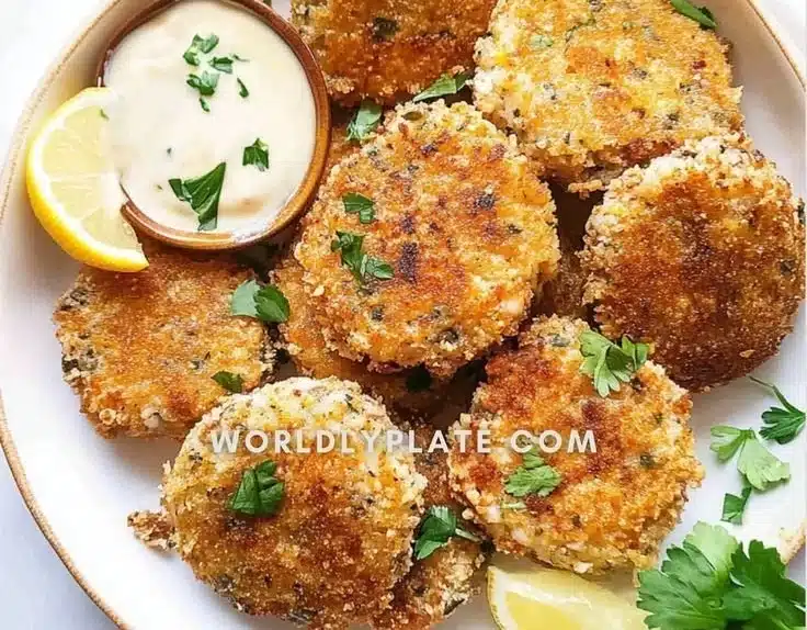 Tasty homemade Tuna Patties served on a plate with dipping sauce