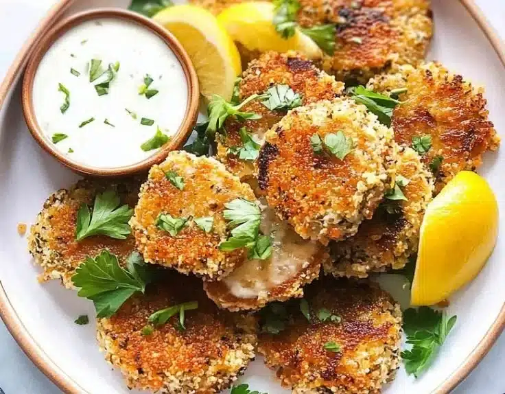 Homemade tuna patties on a plate, garnished with herbs.