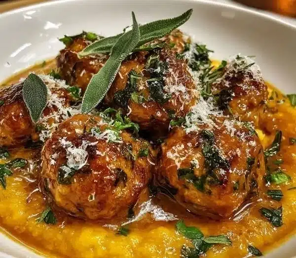 Turkey meatballs served in a creamy pumpkin sage sauce garnished with herbs.