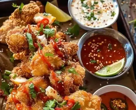 Delicious crispy coconut crusted chicken served with fresh herbs and lemon.