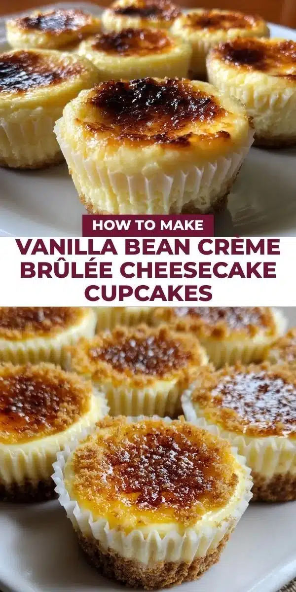 Vanilla bean crème brûlée cheesecake cupcakes topped with caramelized sugar