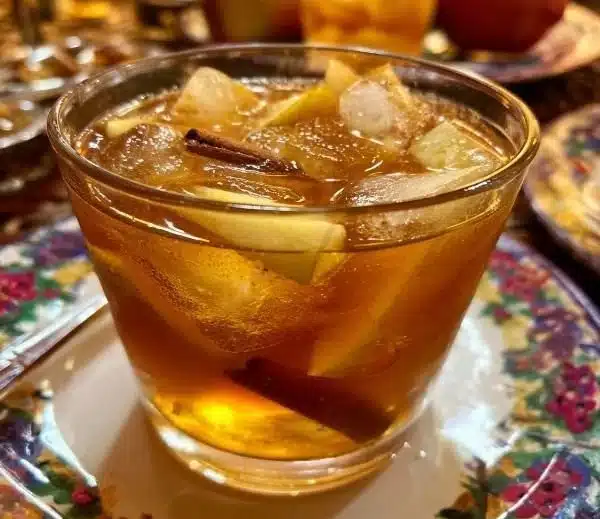 Delicious Vanilla Bourbon Cider Cocktail in a glass garnished with cinnamon.