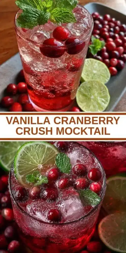 A refreshing Vanilla Cranberry Crush Mocktail in a glass with cranberries and vanilla beans.
