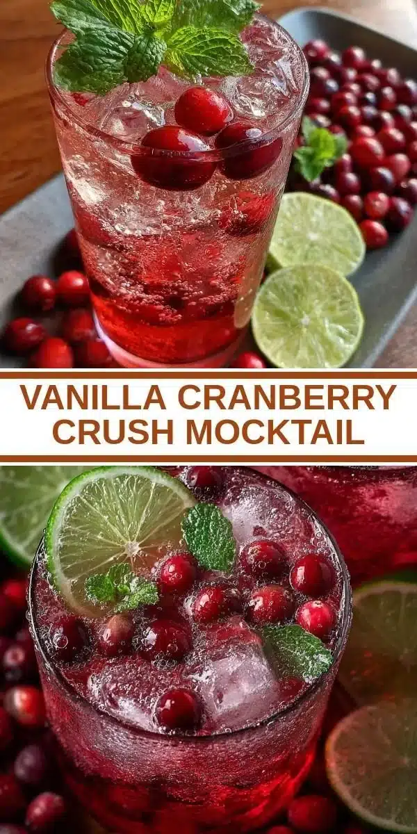 A refreshing Vanilla Cranberry Crush Mocktail in a glass with cranberries and vanilla beans.