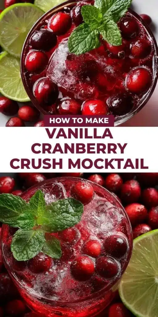 Refreshing Vanilla Cranberry Crush Mocktail with garnishes