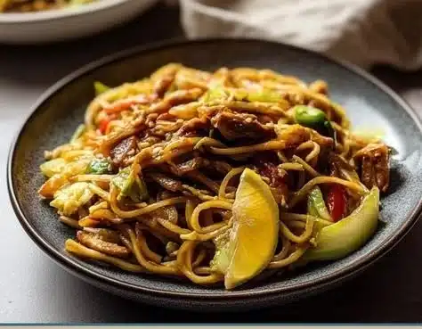 Vegan Canton Noodles 4 Bowl of Vegan Canton Noodles with colorful vegetables and sauce