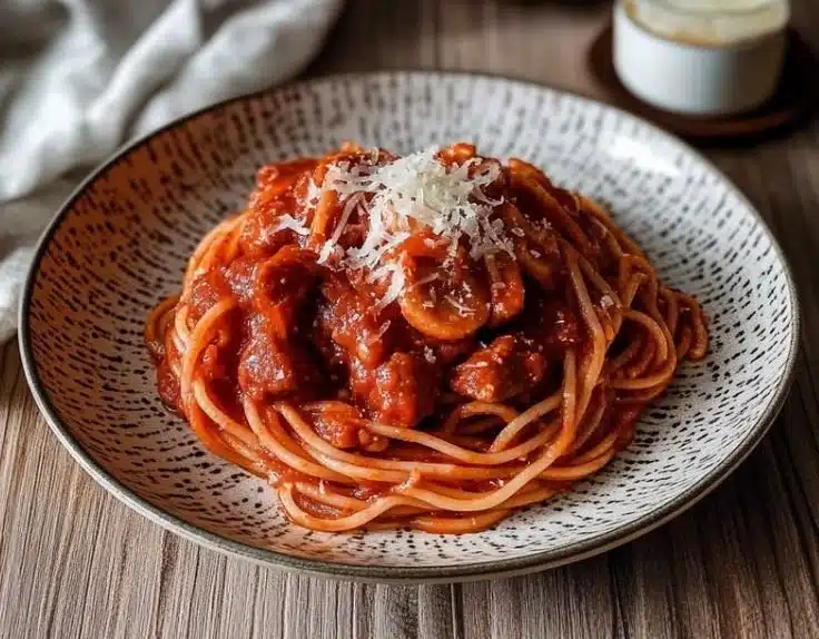 Bowl of Vegan Filipino Spaghetti garnished with fresh herbs and vegetables.