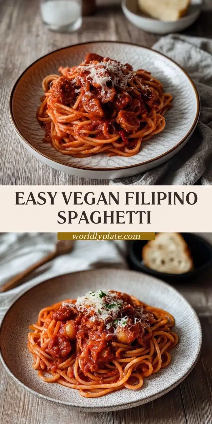 Bowl of Vegan Filipino Spaghetti topped with fresh herbs and vegetables.