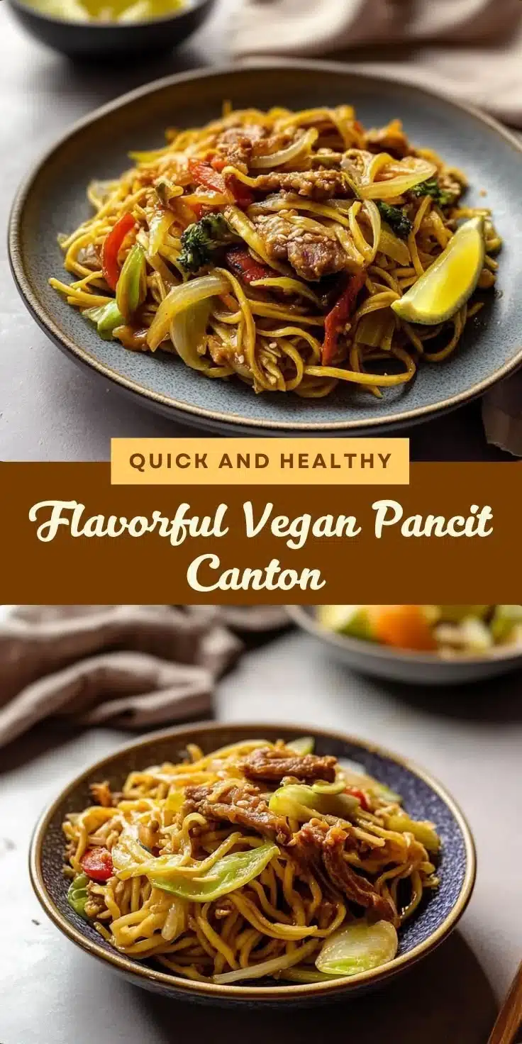 Bowl of Vegan Pancit Canton with colorful vegetables and noodles
