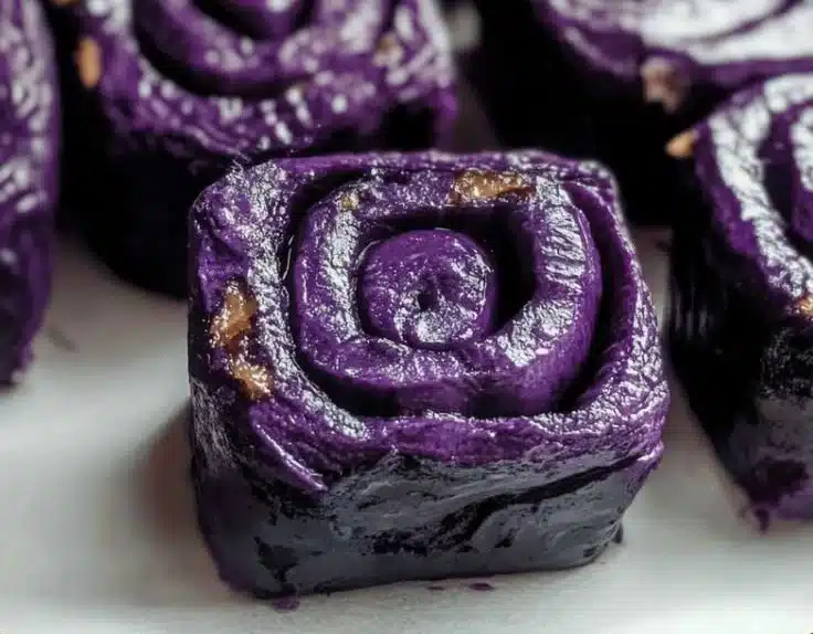 Delicious Vegan Ube Rolls on a plate, showcasing their purple color and texture.
