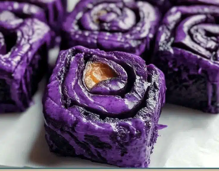 Vegan Ube Rolls 6 Delicious vegan ube rolls with a vibrant purple color and fluffy texture.