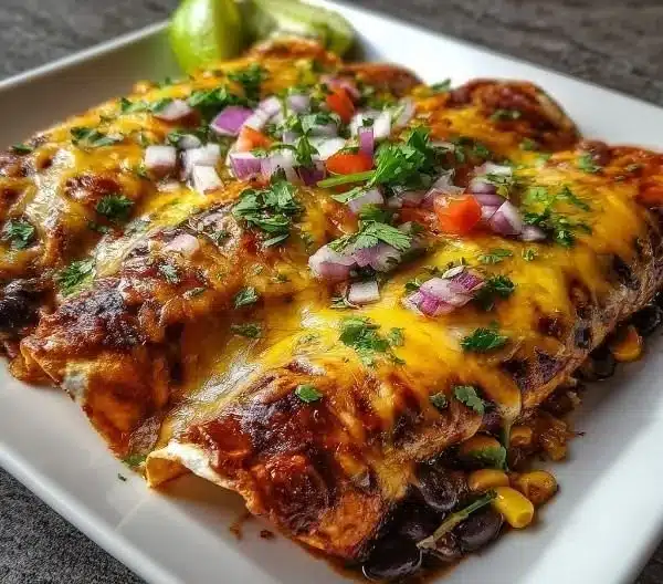 Delicious vegetarian black bean enchiladas topped with cheese and fresh herbs