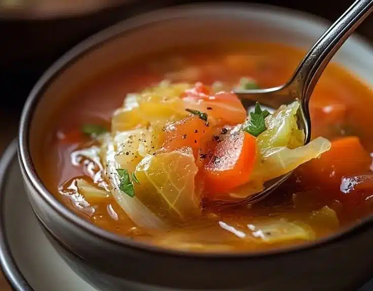 Bowl of warm, hearty low-calorie cabbage fat burning soup