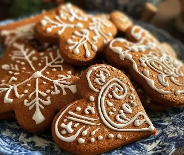 Plate of warm spiced gingerbread cookies with sweet icing decoration