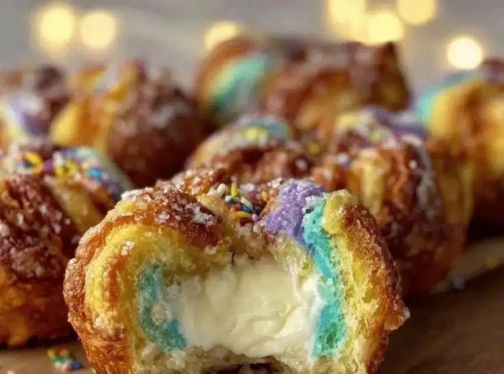 Colorful and whimsical rainbow bagel bites on a plate, perfect for parties.