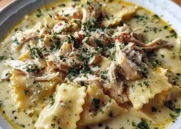 A bowl of creamy white chicken lasagna soup topped with herbs and cheese.