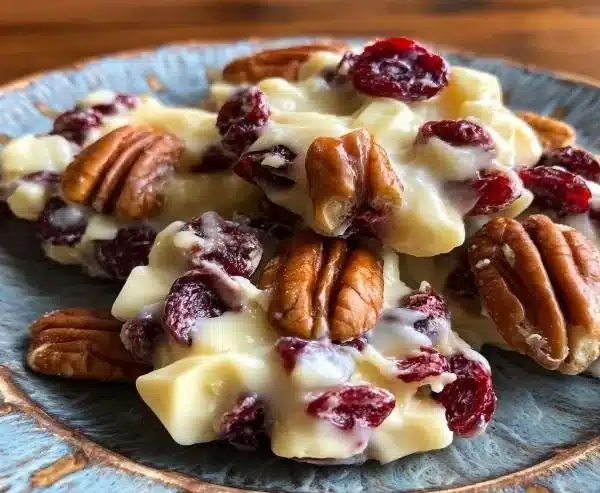 Delicious white chocolate cranberry pecan clusters on a plate