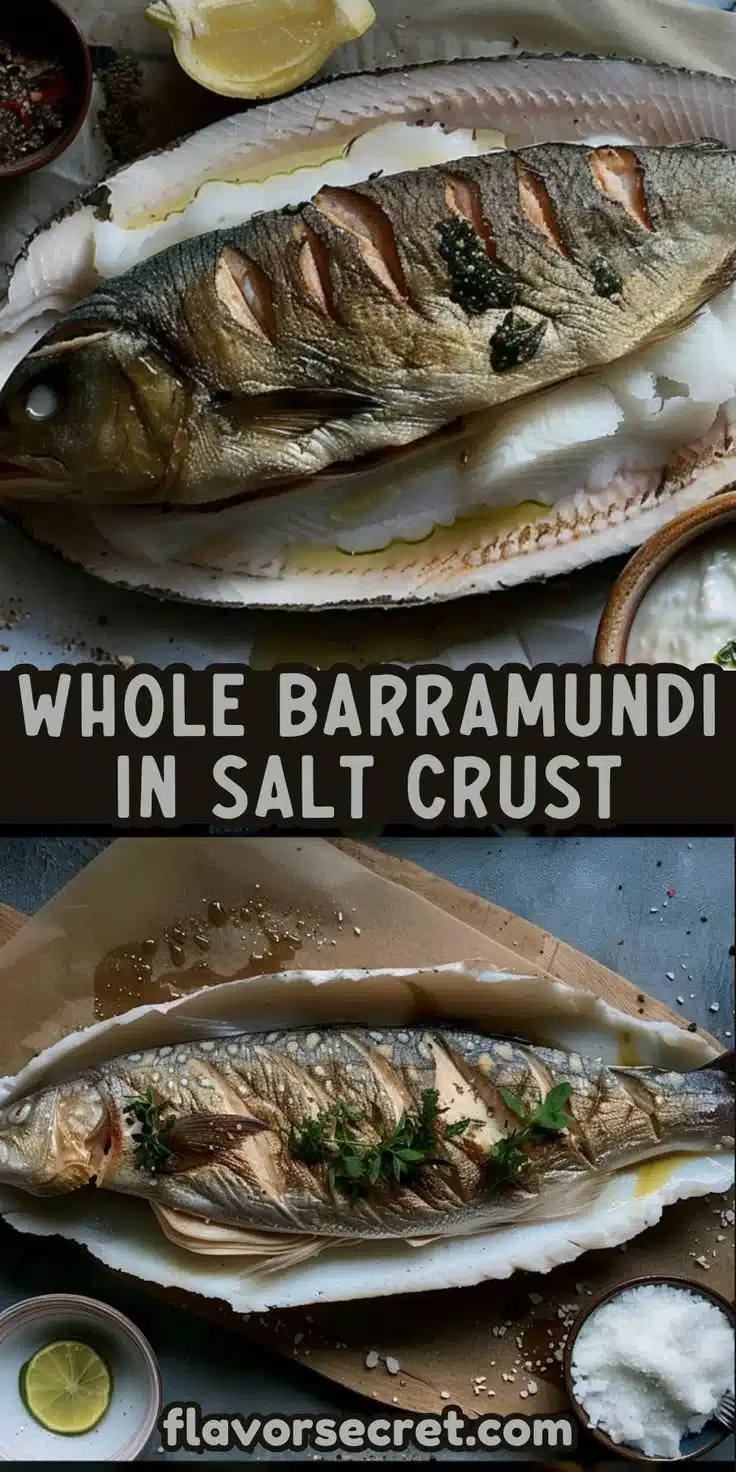 Whole Barramundi baked in a salt crust, showcasing its delicious presentation.