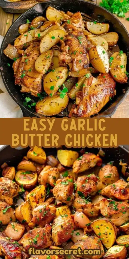 Winter Garlic Butter Chicken Skillet served in a cast iron pan
