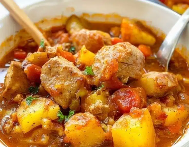 Delicious bowl of winter spiced pork and potato stew topped with herbs.