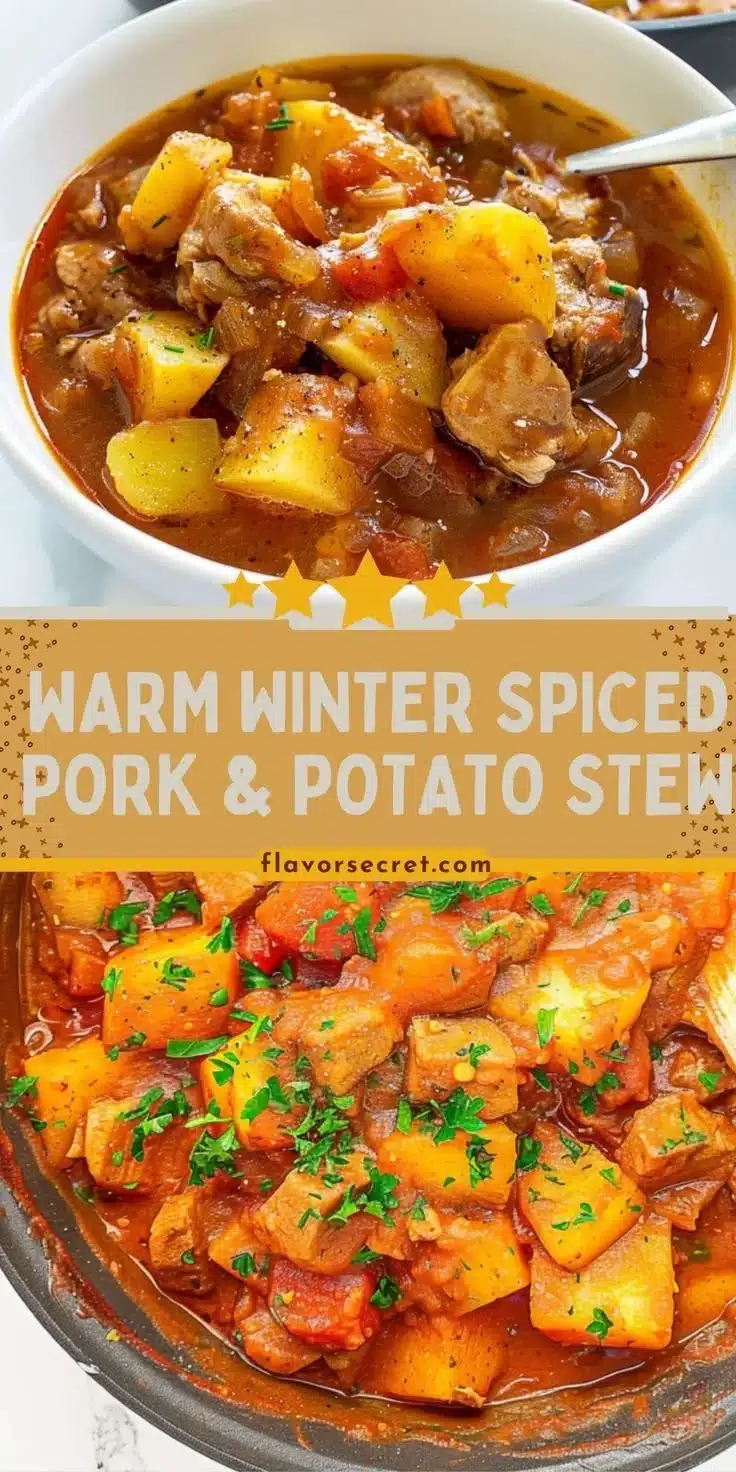 A hearty bowl of Winter Spiced Pork & Potato Stew featuring tender pork and potatoes.