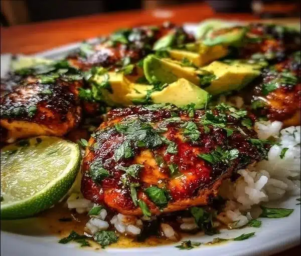 Zesty cilantro lime chicken served with avocado and jasmine rice on a plate.