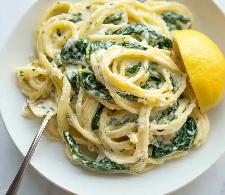 Delicious Lemon Ricotta Pasta with Spinach served in a bowl