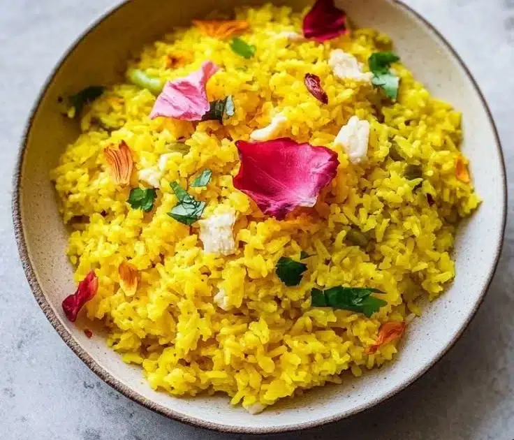 A bowl of vibrant garlic turmeric rice garnished with fresh herbs.