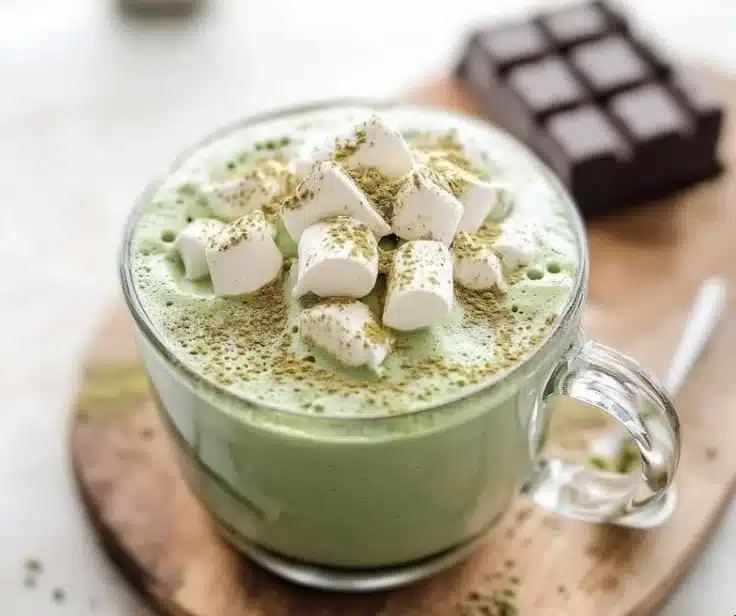 Creamy 4-ingredient matcha hot chocolate in a cup with toppings.