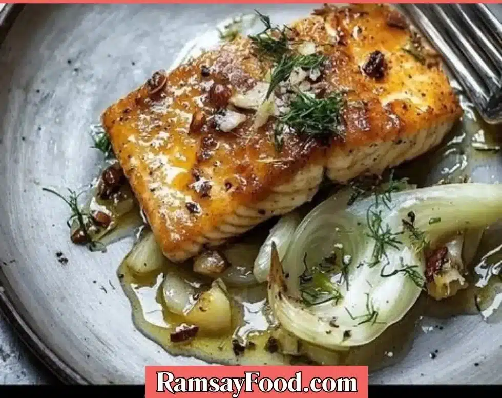 Almond Crusted Fish Piccata served on a plate with lemon slices and capers