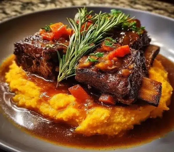 Apple cider braised short ribs with rosemary mashed sweet potatoes