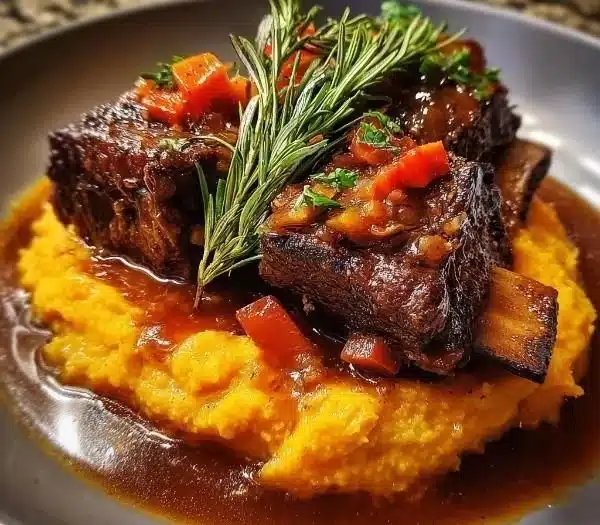 Delicious apple cider braised short ribs with rosemary mashed sweet potatoes