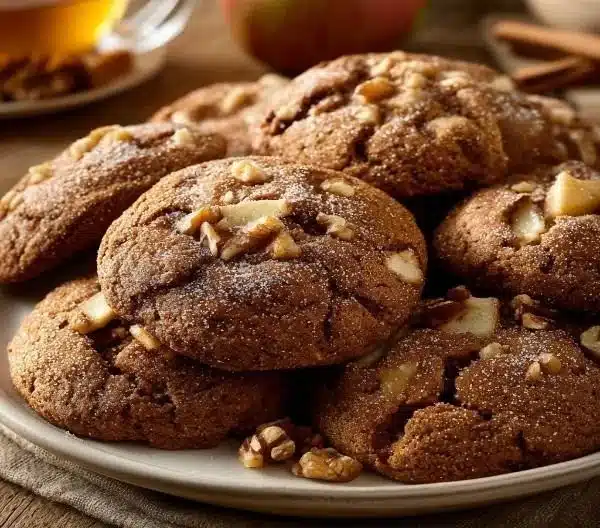 Homemade apple cider cookies with autumn spices on a rustic wooden table