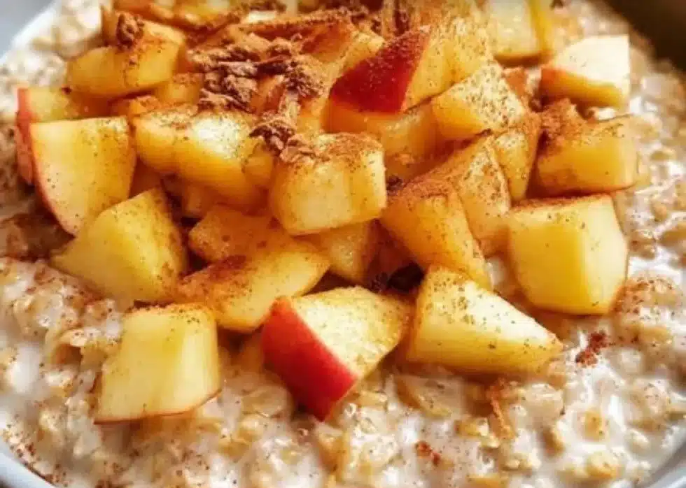 Bowl of healthy Apple Cinnamon Oatmeal topped with fresh apple slices and cinnamon.