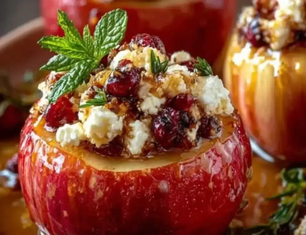 Delicious baked apples topped with feta, honey, and cranberries in a rustic dish