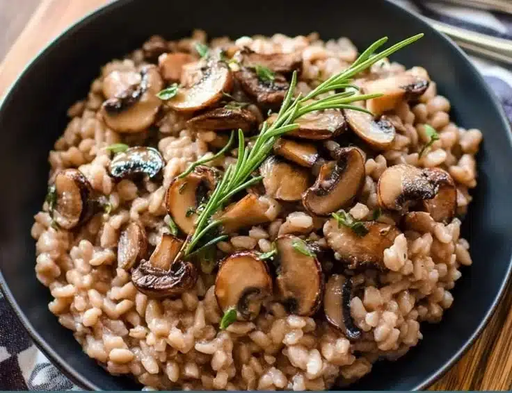 Baked Mushroom Farro with Thyme in a rustic dish