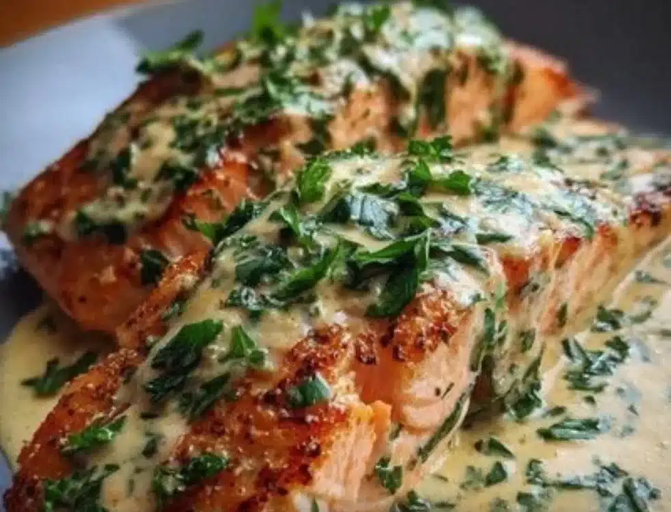 Baked salmon with lemon butter cream sauce garnished with fresh herbs