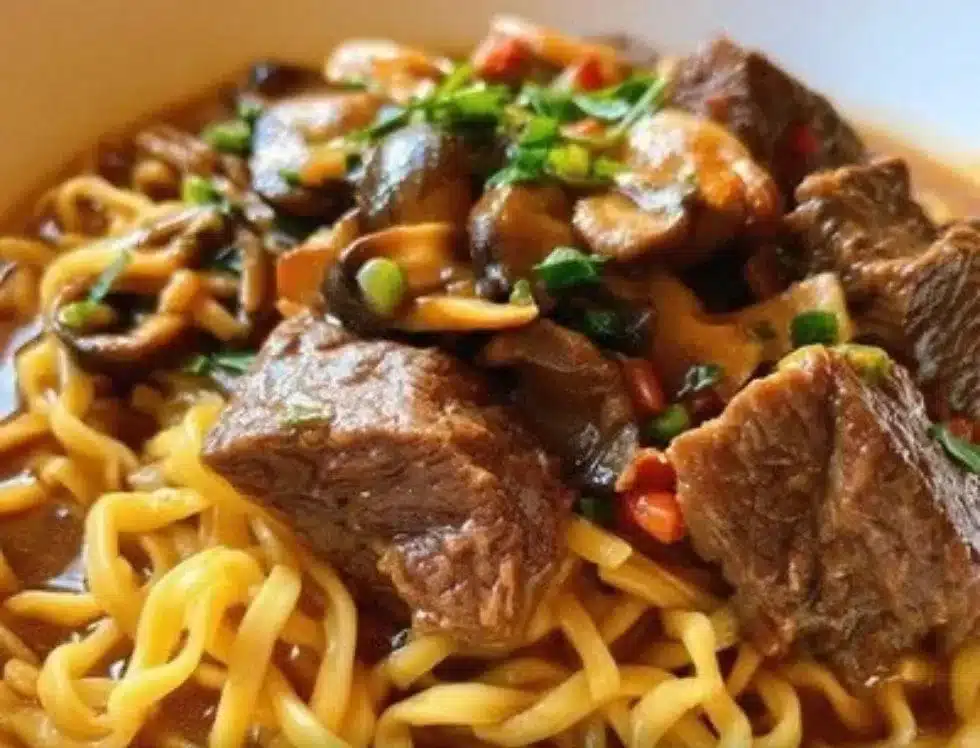 A delicious plate of beef and noodles garnished with herbs and vegetables