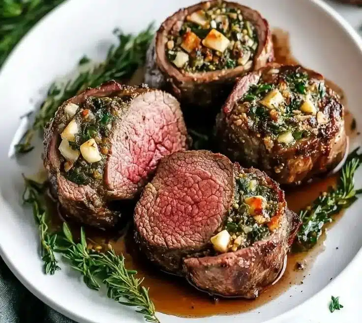 Delicious Christmas stuffed beef tenderloin served for holiday dinner