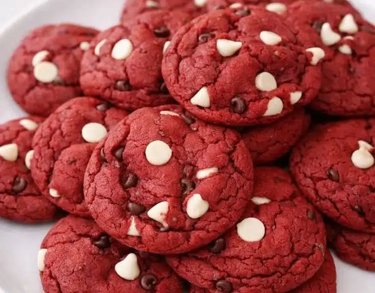 Delicious red velvet cookies made with cake mix, topped with cream cheese frosting.