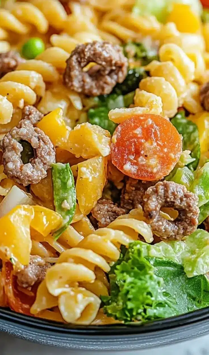 A delicious Big Mac Pasta Salad served in a bowl, topped with fresh ingredients.