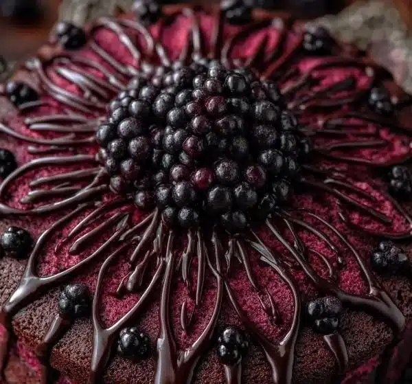 Blackberry velvet cake with dark chocolate ganache, rich and decadent dessert.