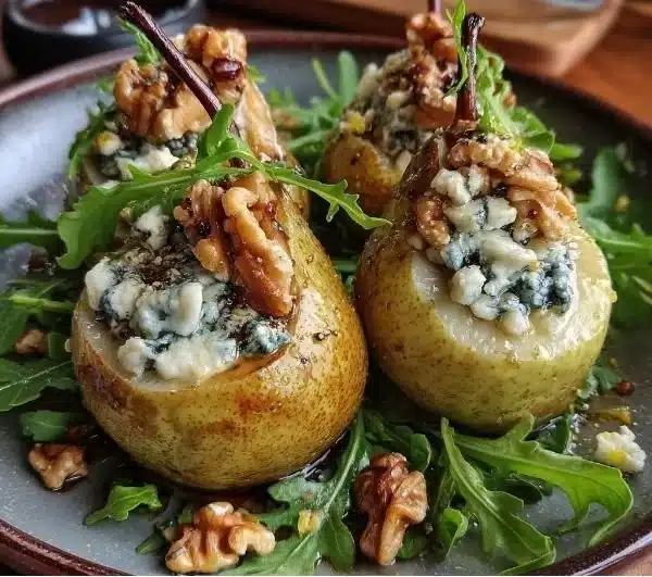 Delicious blue cheese stuffed pears served as a gourmet appetizer.