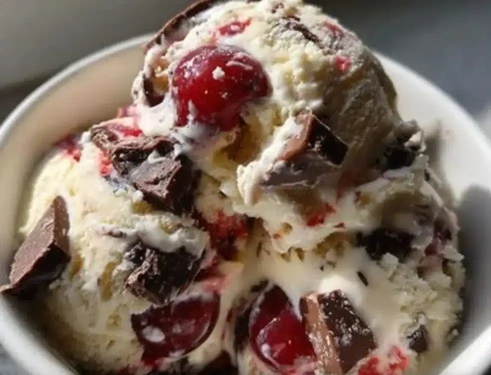 Brandied cherry and chocolate chunk ice cream in a bowl
