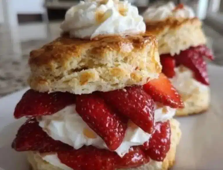 Delicious brandied strawberry shortcakes with malted whipped cream topping