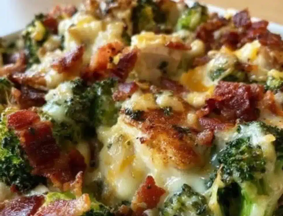 Plate of Broccoli Bacon Cheddar Chicken garnished with fresh herbs.