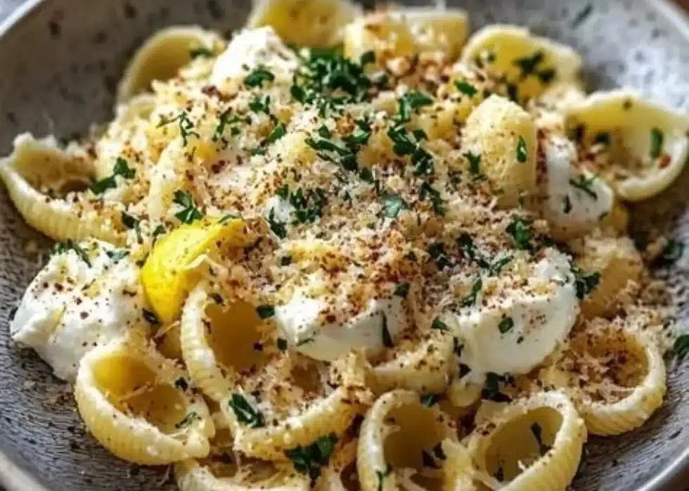 Creamy Burrata Pasta Shells topped with fresh herbs and ingredients.