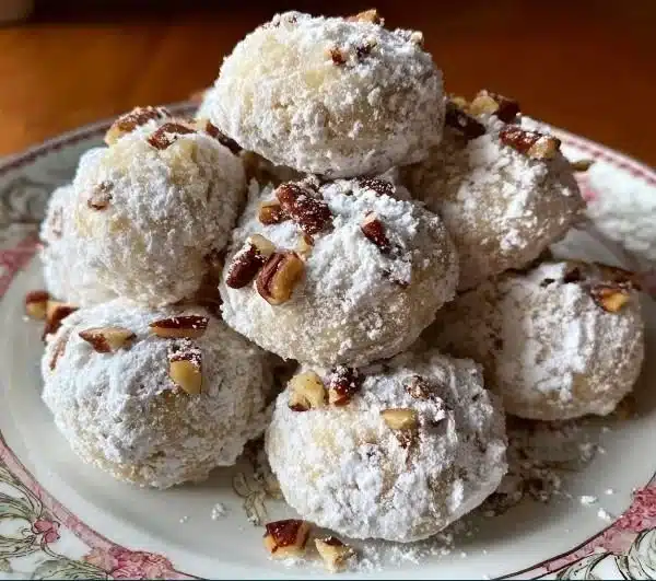 Plate of buttery pecan snowballs cookies dusted with powdered sugar