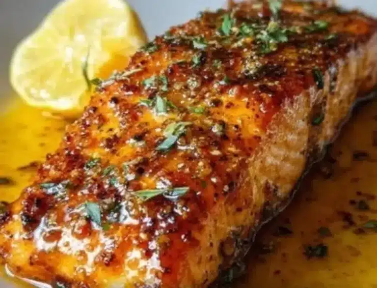 Delicious Cajun Honey Butter Salmon garnished with herbs